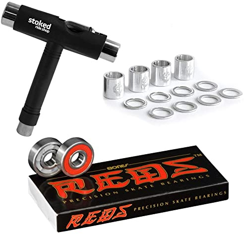 Bones Reds Bearings for [Skateboards, Longboards, Scooters, Spinners] (8 Pack (w/Dragon Spacers, Washers & Stoked Tool))