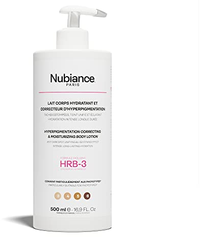 NUBIANCE - Lait Corps Éclaircissant & Unifiant Anti-Taches au Beurre de Karité - Protection contre l’Hyperpigmentation, Hydratation Profonde - Peau Douce, Souple et Lumineuse, 500ml