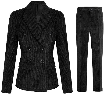 YFFUSHI Women 2-Piece Trouser-Suit Corduroy Suits Business Double Breasted Trouser Suits Long Sleeve Slim Blazer and Pants Black