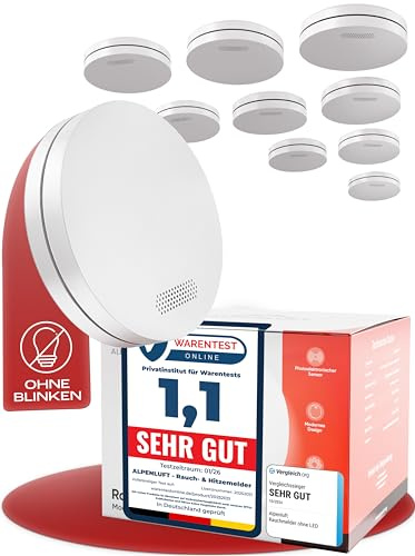 ALPENLUFT Rivelatore di fumo 10 anni di batteria, sensore fumo piatto, rilevatore fumo, | Senza perforazione, Senza lampeggiamento LED - Protezione antincendio da fumo (Set con 10)