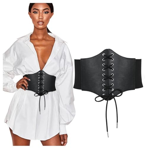 JASGOOD Women's Lace-up Corset Elastic Waist Belt Tied Waspie Wide Belt Black Halloween Costume,Black,XS