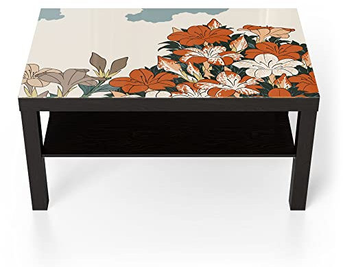 DEQORI Glastisch | schwarz groß 90x50 cm | Motiv Azaleen und Kuckuck | ausgefallener Beistelltisch aus Glas | Hochglanz Couchtisch fürs Wohnzimmer | moderner Couch Tisch mit Design