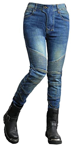 HOMDECR Femme Pantalon De Moto Protection Moto Pantalon Jeans De Moto Pantalon D'armure De Motard Pantalon De Protection Pour Vélo, 4 X Tapis De Protection (Bleu,XS)