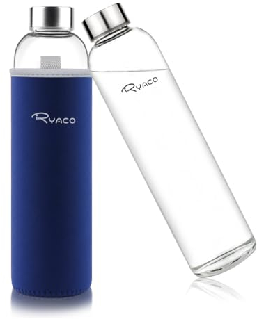 Ryaco Trinkflasche aus Glas 750ml/25oz,Glasflasche mit Neoprenhülle,Glastrinkflasche mit Schraubverschluss,Wasserflasche Glas für heiße kalte Getränke,spülmaschinenfest