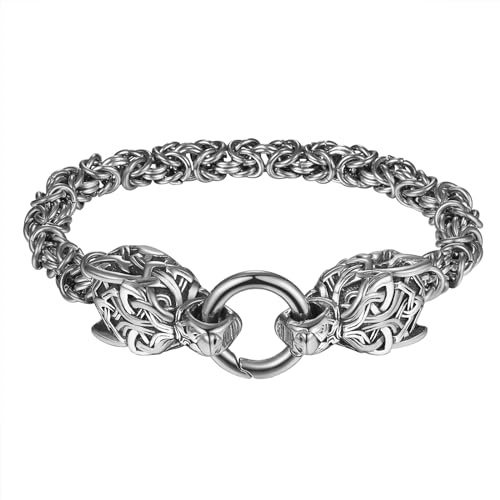 Oidea Viking Bracelet for Men: Stainless Steel Punk Bracelet Gothic Byzantine King Chain Wolf Head Link Chain Bracelets Viking Jewelry Gift Silver
