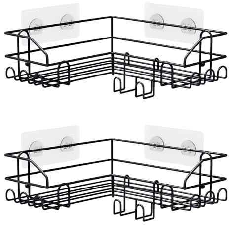 Mutool 2 Pack Corner Shower Caddy, No Drilling Adhesive Shower Shelf, Wall Mounted Bathroom Shower Organizer with 2 Hooks & 4 Adhesives for Bathroom, Kitchen (Black)