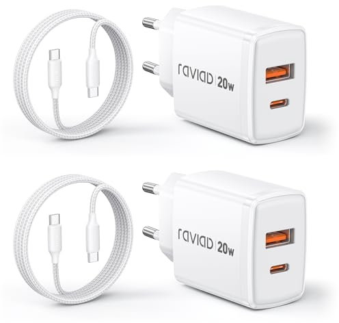 RAVIAD 20W USB C Ladegerät 2-Pack, [USBC + USBA] Schnellladegerät mit USB C Kabel 2M, Handy Netzteil Typ C mit 2-Port, Kompatibel mit iPhone 16 15 Pro Max, Samsung Galaxy S25 S24 S23 Ultra
