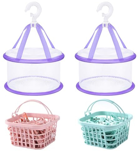 Luckwaii 60 Stück Wäscheklammer with 2 Wäscheklammern Korb,Windfeste Bunte Handtuchklammern Plastik Wäscheklammerbeutel Klammerbeutel für Wäscheklammern Ohne Abdruck, Klammerkorb für Wäscheleinen