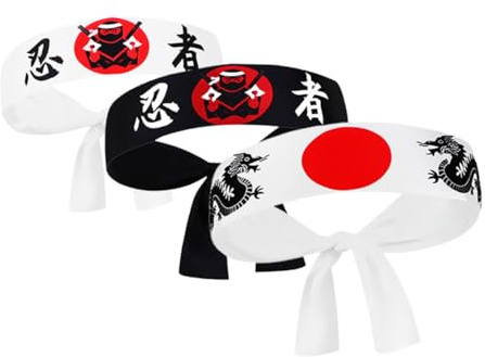 UKCOCO 3 pièces Bandeau Ninja Japonais pour Hommes Accessoires Respirants Polyester pour Karaté Fitness et Cuisine Bandeaux Multifonctions Cosplay et Sport