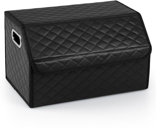 COSTWAY Boot Organiser Storage, Leather Foldable Car Trunk Organizer with Lid, Removable Divider, Collapsible Boot Storage Box for SUV, Sedan, Jeep, Camping and Home (35L, Diamond Shaped Surface)