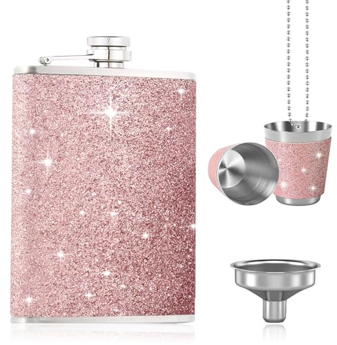 Petaca con grabado de acero inoxidable de 240 ml – Petaca a prueba de fugas con vaso y embudo, manejo en forma de U para senderismo, fiesta JGA, regalo para hombres y mujeres, whisky ron vodka (rosa