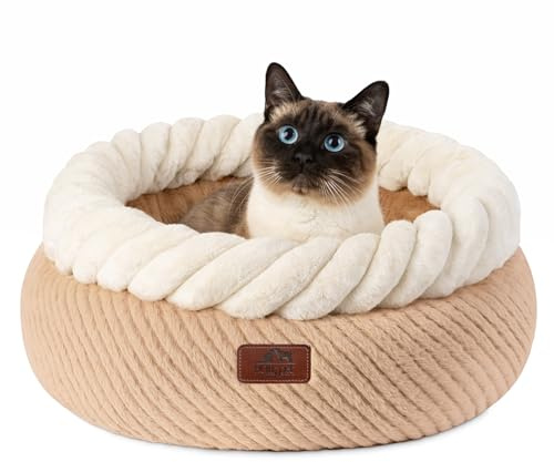 Hollypet Cat Bed for Indoor Cats Kitty Beds, Round Washable Fluffy Small Dog Bed, Soft Cozy Plush Pet Beds for Puppy and Kitten with Non-Slip Bottom (20 Diameter, Oatmeal)