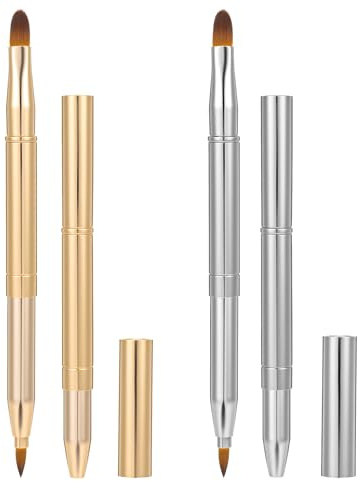 Pincel de labios, 2 unidades, pincel corrector portátil, doble extremo, para pintalabios y brillo de labios, pincel para sombra de ojos con tapa protectora, plata y oro
