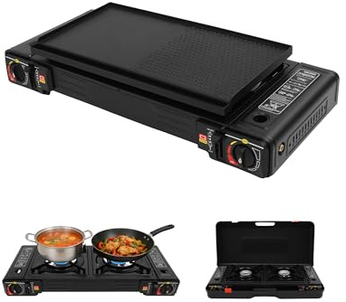 Goddlgjik Camping Gas Portatil 2 Fuegos, Cocina Camping Gas con placa y bolsa de transporte, 45 x 24 cm Cocina Portatil, Para Butano/lpg, para Camping, Balcón, Barbacoa y Exteriores