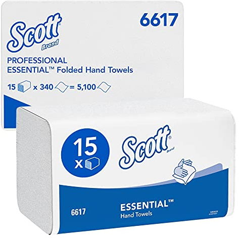 Scott® Essential™ Interfold Papierhandtücher 6617, weiße, 1-lagige Falthandtücher aus FSC-zertifiziertem Papier, für das tägliche Händetrocknen, 15 Packungen x 340 Papierhandtücher (insges. 5.100)