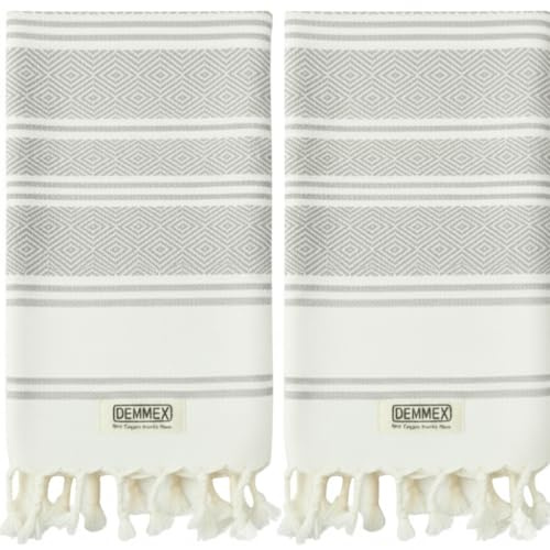 DEMMEX Certified Organic Cotton Turkish Hand Towels for Bathroom & Kitchen | Set of 2, 100% Organic Turkish Cotton, Oeko-TEX Certified, Lightweight & Quick Dry, Diamond Weave, Large 45x90cm., Gray