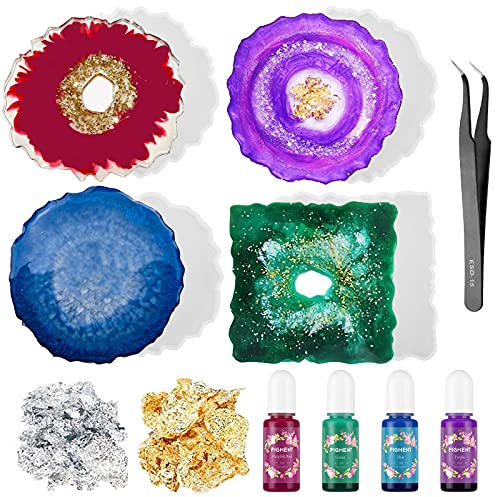 VLICHT Silikonform Untersetzer Epoxidharz-Set für Anfänger 【Silikonformen 4 STK. & flüssiges Harzpigment 4 STK. & Folienflocken】 kunstharz gießen Set artresin gießform DIY Set Kunsthandwerk aus Harz