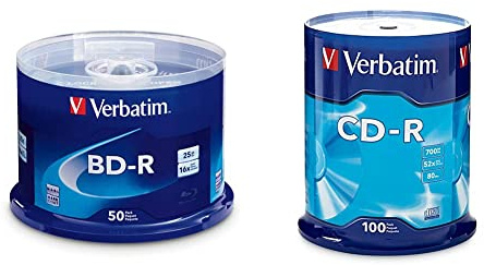 Verbatim BD-R 25GB 16X Blu-ray Recordable Media Disc - 50 Pack Spindle & CD-R Blank Discs 700MB 80 Minutes 52X Recordable Disc for Data and Music - 100pk Spindle Frustration Free Packaging