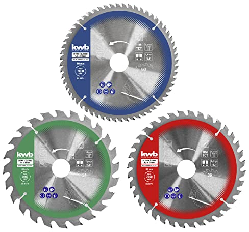 kwb 3-teiliges Kreissägeblatt-Set 165 x 20/16 für Handkreis-Sägen, f. Platten-Werkstoffe u. Baustoffe aus Holz inkl. Reduzier-Ringe auf 16 u. 20 mm
