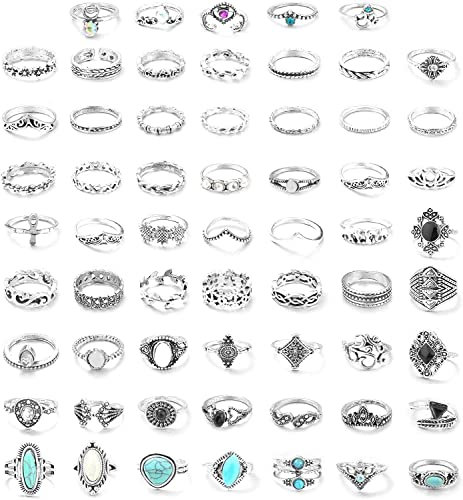 JeryWe 62-114pcs Vintage Silver Knuckle Rings Set for Women Stackable Rings Boho Joint Finger Midi Rings Gold Retro Rhinestone Turquoise Rings Pack Birthday for Gift (62pcs)