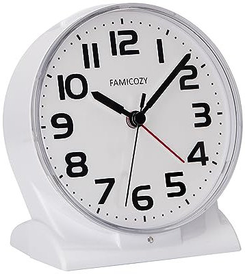 FAMICOZY Automatically Backlighted Alarm Clock,Silent No Ticking for Seniors Vision Impaired,Easy to Set,Big Numbers,Ascending Alarm,Gentle Wake,Snooze,2 AA Battery Operated,White