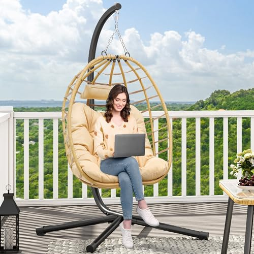 YITAHOME Egg Chair Swing Hanging Outdoor Wicker Hammock Chairs Indoor with Steel Stand Padded Cushion 330lbs for Patio, Bedroom, Garden and Balcony - Beige