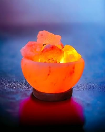 Saltbay Lampada di sale dell'Himalaya Ciotola di fuoco con pezzi Taglia L con variatore di luce, luce rilassante, purificatore dell'aria, riduce le allergie e l'insonnia, per il relax e il benessere