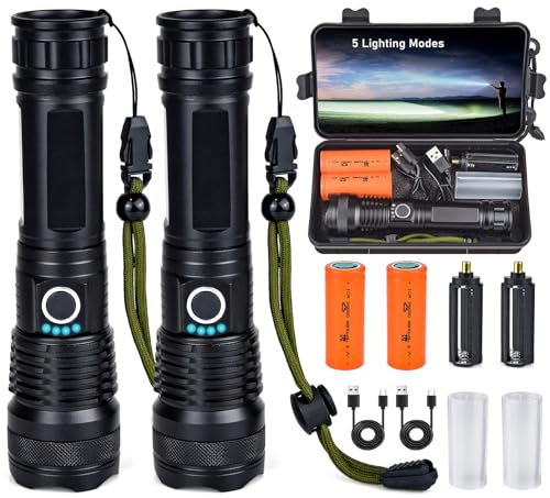 2 Pcs Pila Ricaricabile led Torcia Potente Professionale Alta Potenza Campeggio Militare Tattica Torce usb Flashlight Elettrica Super Luminosa Extreme Portatile Trekking 10000 Lumen 5 Modalità