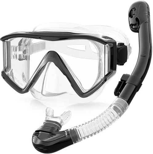 Zeligerstar Snorkel Set Adults, 3 Window Panoramic View Snorkel Mask Anti-Fog, Leak-Proof Scuba Diving Mask with Mesh Bag, Dry Top Mask and Snorkel Set for Adult and Teen