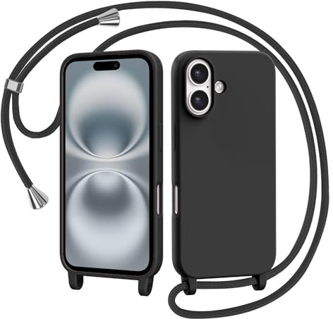 AOMYKE Funda para iPhone 16 con Cuerda, Silicona Líquida Carcasa con Cordón Correa Colgante Ajustable Collar Correa Teléfono Case Cover, Negro