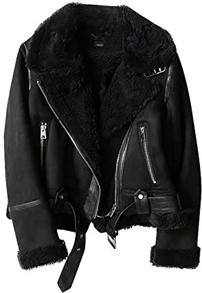 FUPODD Lederjacke Damen Gefüttert Winterjacke Damen Warm Leder Jacke Damen Winter Ledermantel Frauen Innenfutter Fellkragen Wintermantel Innen Mit Fell Fleece Motorrad Vintage Mantel Reißverschluss