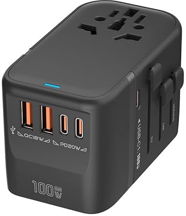 100W GaN Universal Travel Adapter International Power Adapter, with 5 USB(3 USB C) Charging Ports European Travel Plug Worldwide for US to Europe UK, EU, AU (Type C/G/A/I) Outlet Wall Charger