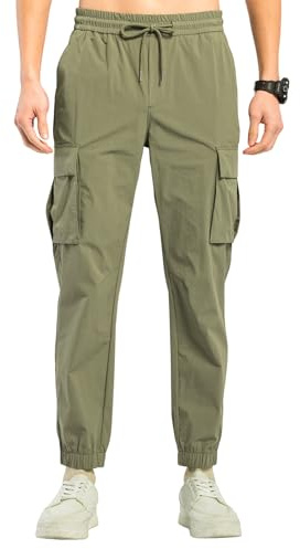 TONY BACKER Pantaloni Cargo da Uomo, Tessuto Leggero Estivo, Vita Elasticizzata con Lacci 2223 (IT, Testo, L, Regular, Regular, Verde)