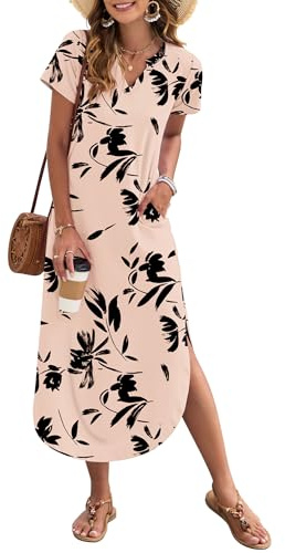 AUSELILY Women's Summer Midi Dress with Pockets V Neck Floral Brown XXL