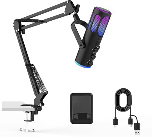PUPGSIS Gaming Microphone for PC, USB Condenser Mic for PS4/5 and Mac, Noise Cancellation Computer Mic with Mute, Reverb, Adjustable Boom Arm, Pop Filter for Streaming/Podcasting/Recording/YouTube