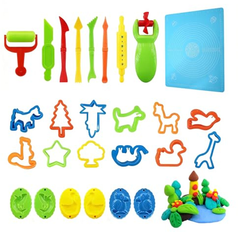 27 Stück Knete Zubehör, Play Doh Zubehör Knetwerkzeug Set mit Knetmatte, Knetpresse & Plastilin Werkzeuge Extruder Modellierwerkzeug Küchenspielzeug für Jungen Mädchen
