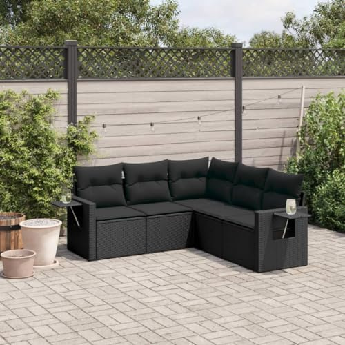 JHQHSM Set di 5 divani da giardino con cuscino, in rattan sintetico, per esterni, in polietilene e rattan sintetico, con vano portaoggetti e sacchetto impermeabile, ripiani pieghevoli, rivestimenti