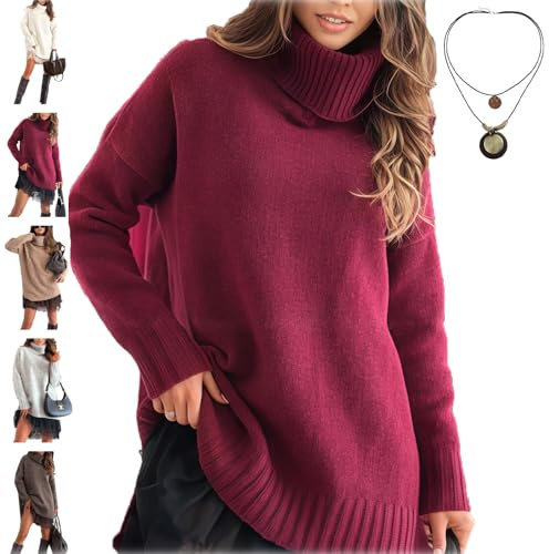 Generico Abito in Maglia con Finiture in Pizzo, Elegante Abito Sottoveste con Finiture in Pizzo e Maglione, Mini abitos da Donna Cons Dolcevita e Maglione (Red Sweater,XXL)