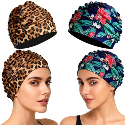 JYJLLM Bonnet de Bain Tissu Femme Doublure Anti-riction Extrêmement Élastique Pour Cheveux Longs Bouclés Protection Aquatique Motif Fleur & Léopard
