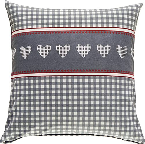 Erwin Müller Feinflanell-Zusatzkissenbezug, Kissenhülle, Karo, Herz grau-rot-weiß Größe 80x80 cm - für die kalte Jahreszeit, weich, flauschig, mit praktischem Reißverschluss