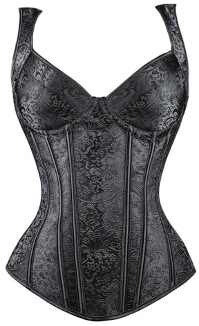 Kimring Women's Gothic Retro Jacquard Peasant Shoulder Straps Boby Shaper Tank Bustiers Overbust Corset with Lightly Cup Black Medium