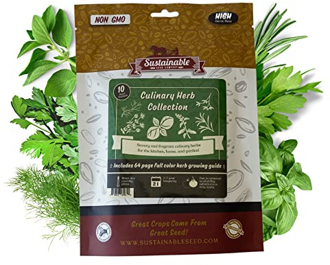 Culinary Herb Seeds Variety Pack – 10 Non-GMO Herb Seeds for Indoor & Outdoor Gardens – Includes Basil, Dill, Rosemary, Thyme & More with Planting Guide Book