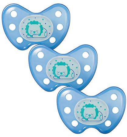 dentistar Night Silikon Schnuller 3er-Set - Größe 3, ab 14 Monate - Glow in the Dark Nuckel mit Dentalstufe – BPA-frei – Made in Germany - Löwe, Blau
