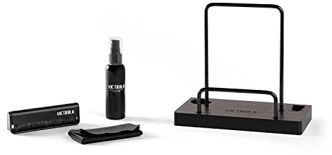 Victrola The Kit – Vinyl Cleaning Kit – Doubles as a Record Stand, Includes Anti-Static Brush, Cleaning Solution, & Cloth, No-Tool Easy Assembly, Black Metal Accents (Espresso)