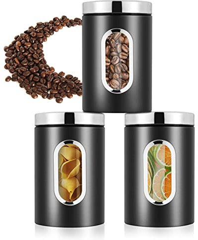 JOYBOY Vorratsdose,Vorratsbehälter mit Sichtfenster,3 Stück Edelstahl Vorratsdosen Set,für Getreide,Kaffeebohnen,Tee,Snacks(Schwarz)