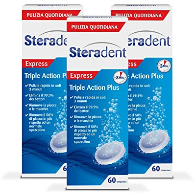 Steradent Triple Action Plus, 60 Compresse 3 Confezioni, Maxi formato