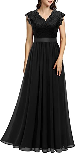 Dressystar V-Neck Lace Wedding Guest Dresses for Women UK Chiffon Evening Dress Bridesmaid Ball Gowns Black XL