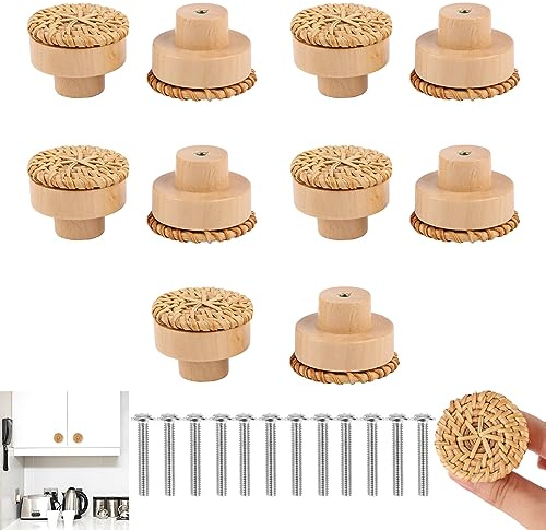 RUNEAY Lot de 10 Boutons de Meuble Rotin 40 mm Bouton de Meuble Bohème, Boutons de Portes pour Placards Bohème, Poignée Meuble Bois Bouton de Porte Pour Armoire, Tiroir, Salon, Armoires de Cuisine