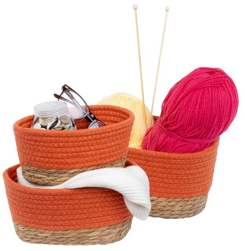 LIVIVO Tulla Seagrass Shelf Storage Baskets - 3-Piece Stackable Set, Decorative Rope Design, Versatile Home Organiser Bin For Living Room, Bedroom, Office, Bathroom, Underbed (CORAL)