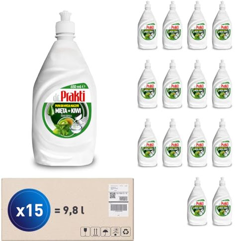 dr.Prakti Detersivo per piatti a mano Menta + Kiwi, non irrita la pelle, concentrato ed efficace, 650 ml x 15 pezzi
